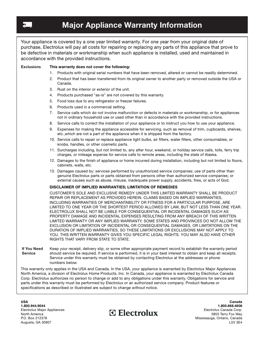 Major appliance warranty information | FRIGIDAIRE 241695301 User Manual | Page 20 / 24