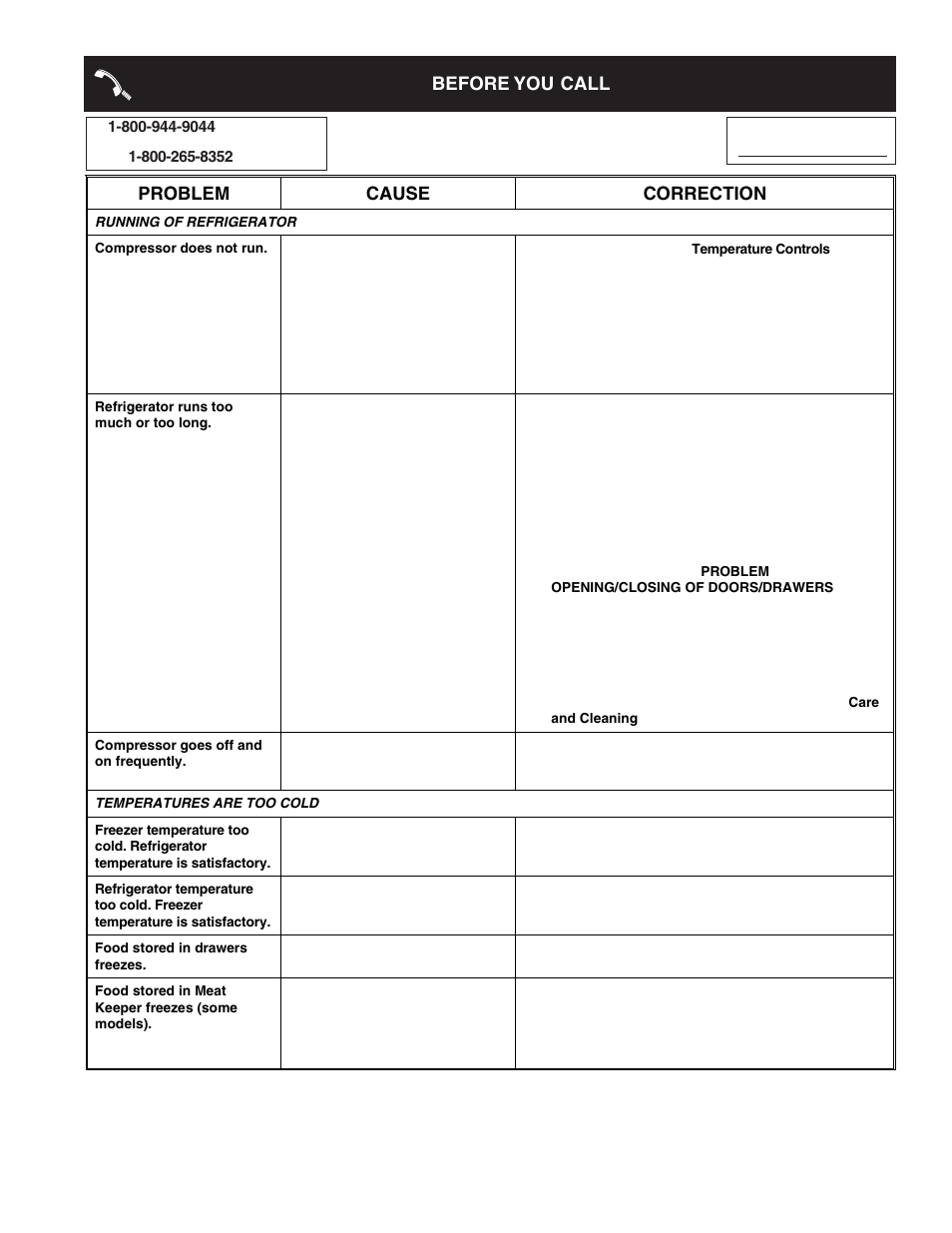Before you call, Problem cause correction | FRIGIDAIRE 241695301 User Manual | Page 21 / 24