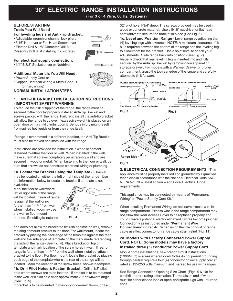 30" electric range installation instructions | FRIGIDAIRE 316454905 User Manual | Page 2 / 8