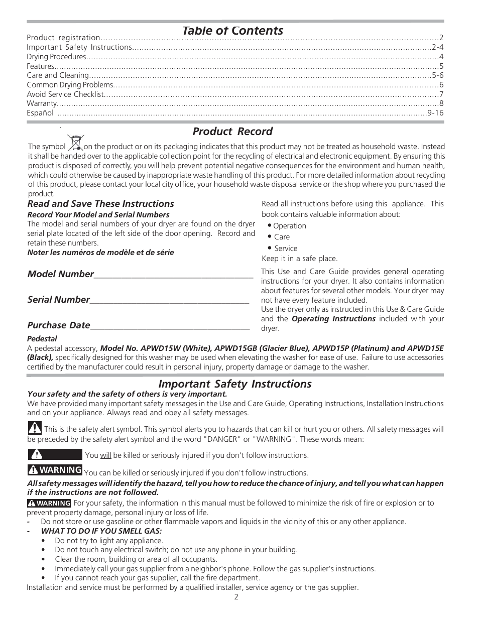 FRIGIDAIRE APWD15W (White) User Manual | Page 2 / 8