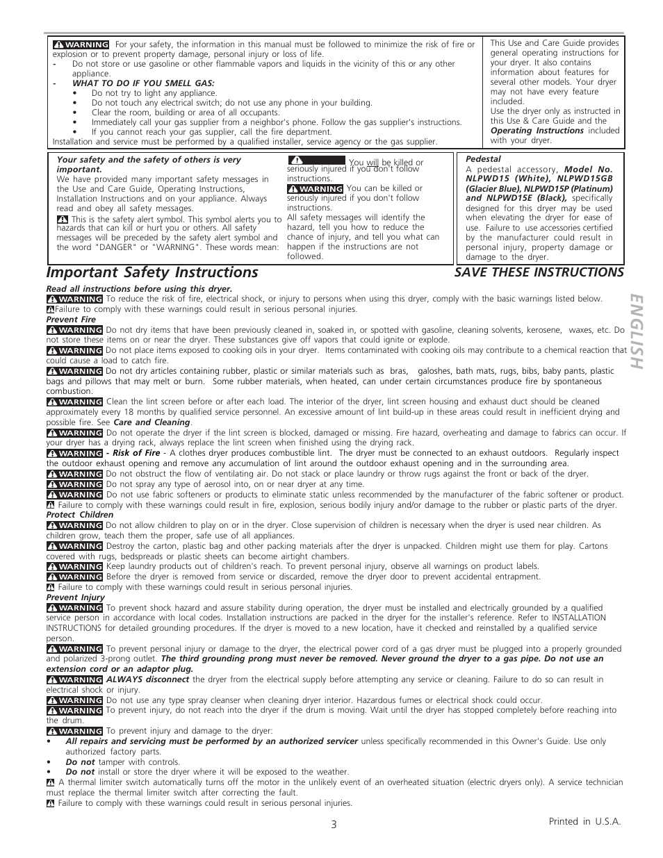 English, Important safety instructions, Save these instructions | FRIGIDAIRE 134763300 User Manual | Page 3 / 6