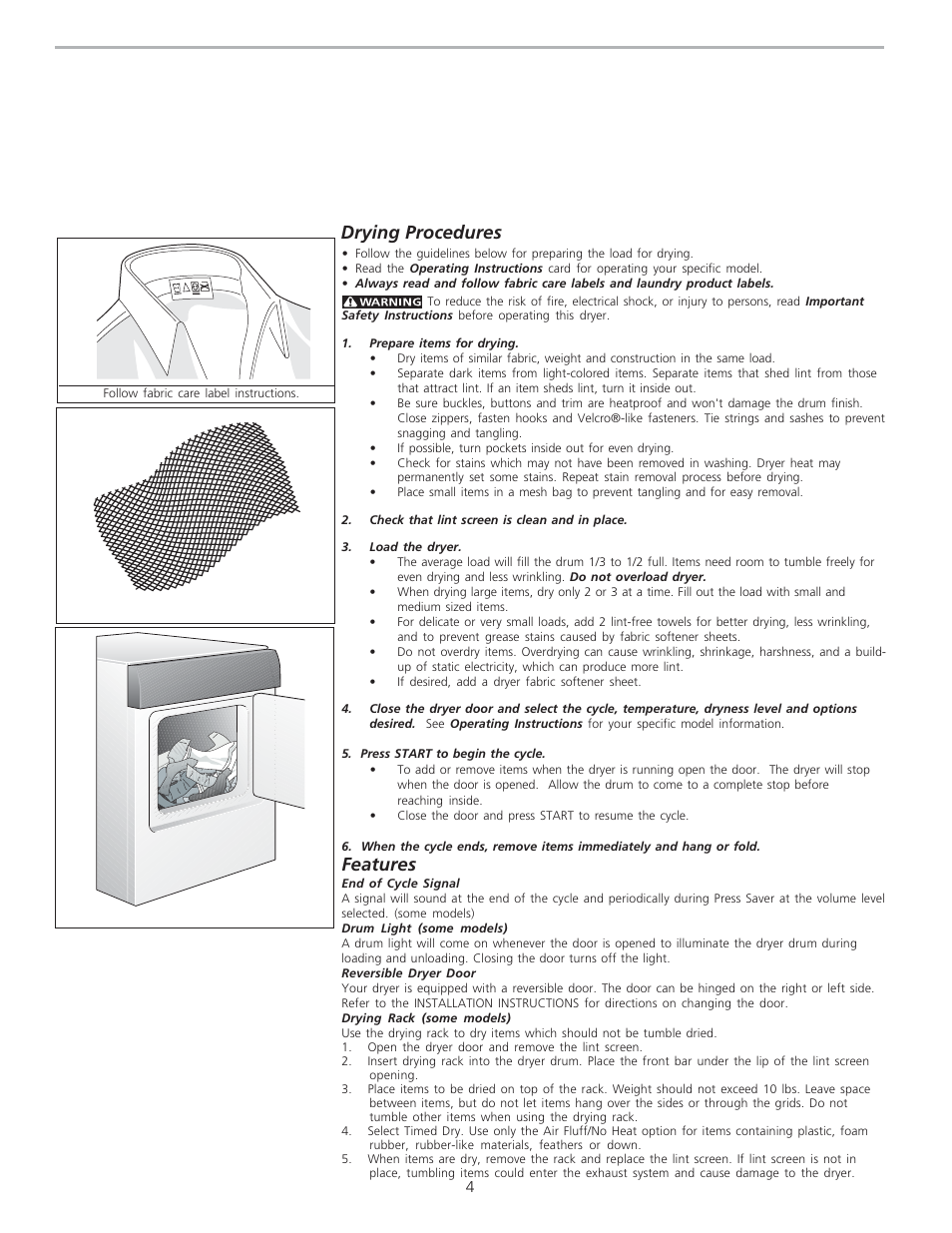 Features, Drying procedures | FRIGIDAIRE 134763300 User Manual | Page 4 / 6