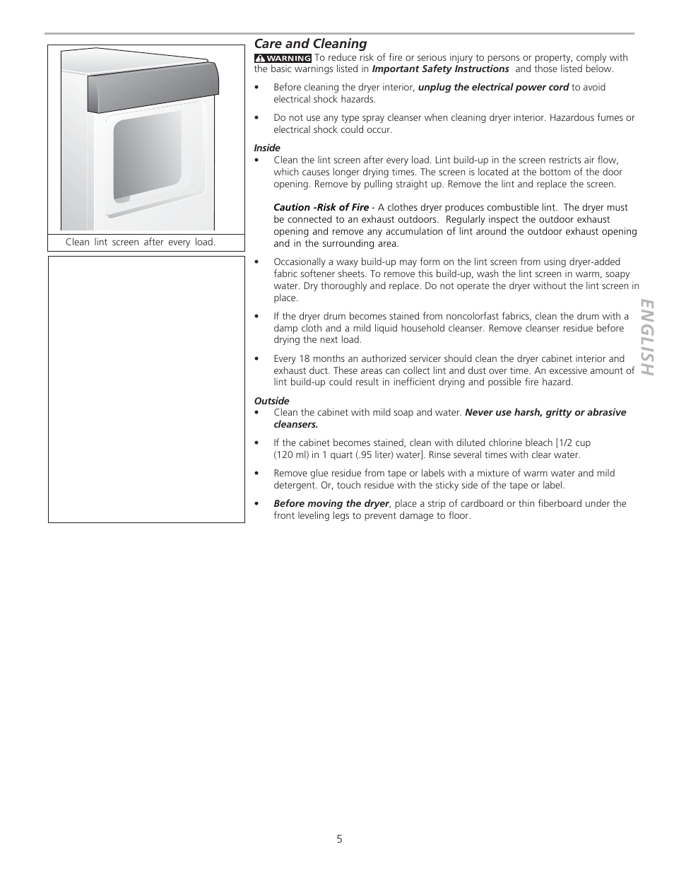 English, Care and cleaning | FRIGIDAIRE 134763300 User Manual | Page 5 / 6