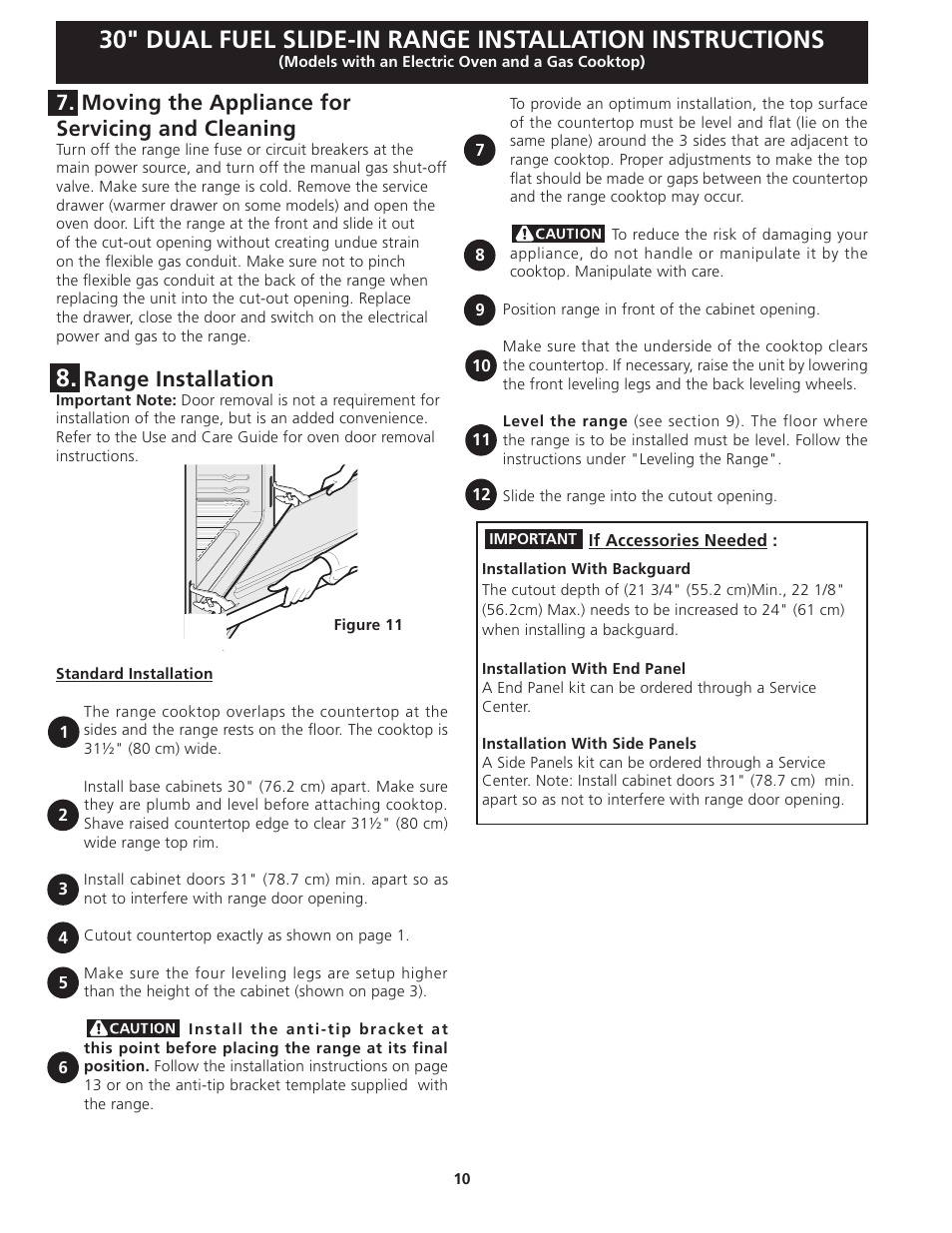 Range installation, Moving the appliance for servicing and cleaning | FRIGIDAIRE 318201679 (0903) User Manual | Page 10 / 40