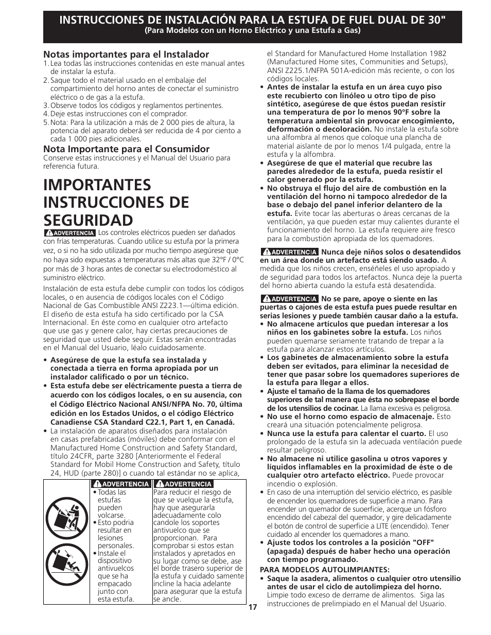 Importantes instrucciones de seguridad, Notas importantes para el instalador, Nota importante para el consumidor | FRIGIDAIRE 318201679 (0903) User Manual | Page 17 / 40