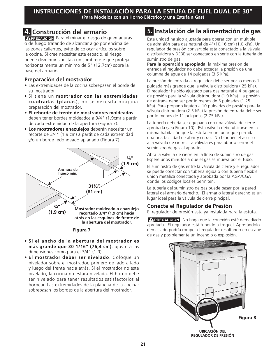 Instalación de la alimentación de gas, Construcción del armario | FRIGIDAIRE 318201679 (0903) User Manual | Page 21 / 40