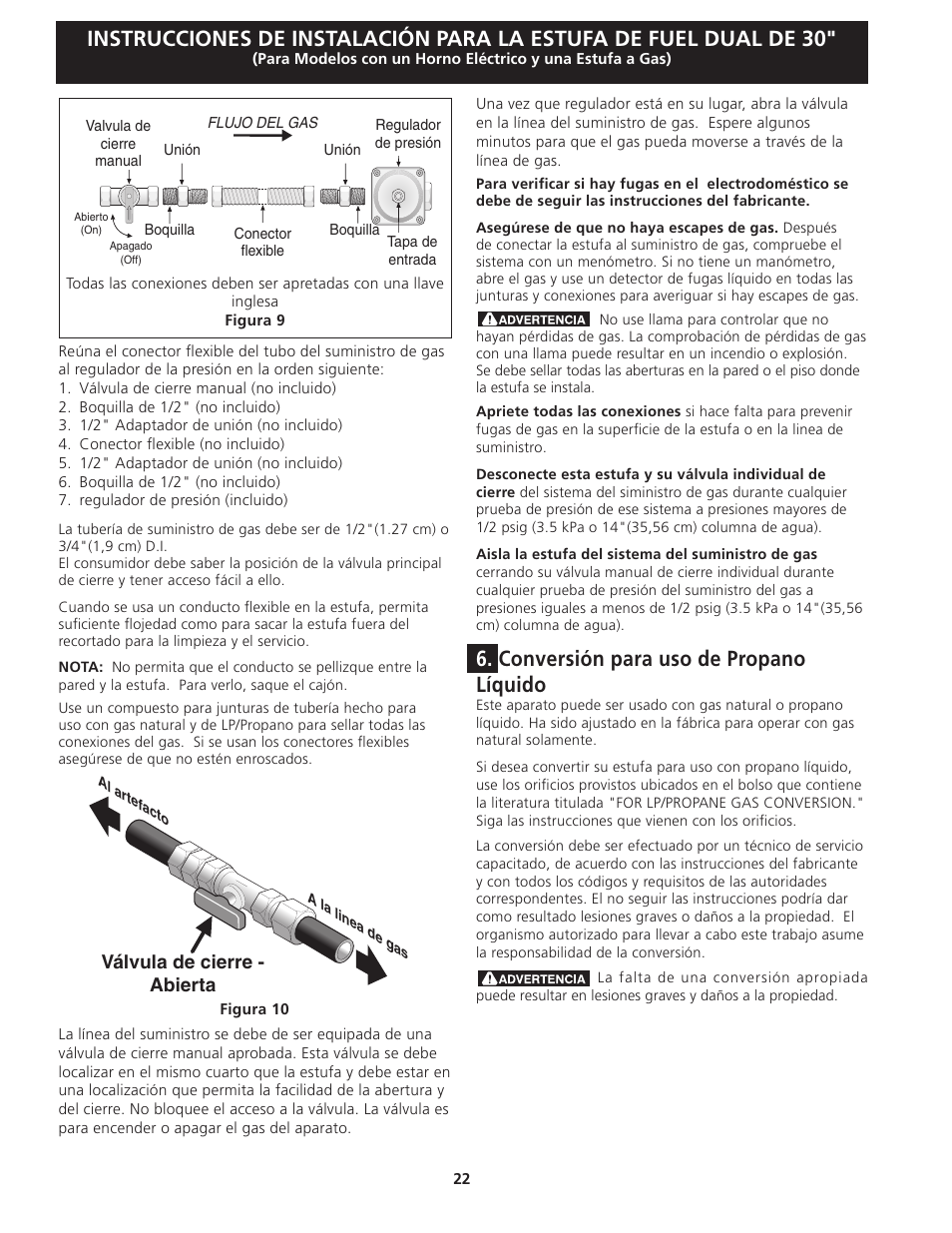 Conversión para uso de propano líquido, Válvula de cierre - abierta | FRIGIDAIRE 318201679 (0903) User Manual | Page 22 / 40