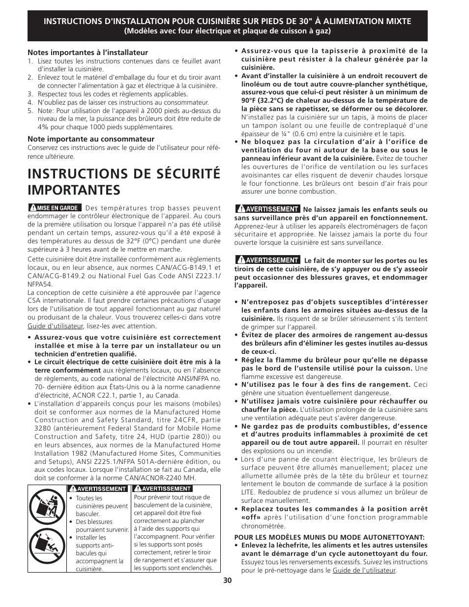 Instructions de sécurité importantes | FRIGIDAIRE 318201679 (0903) User Manual | Page 30 / 40