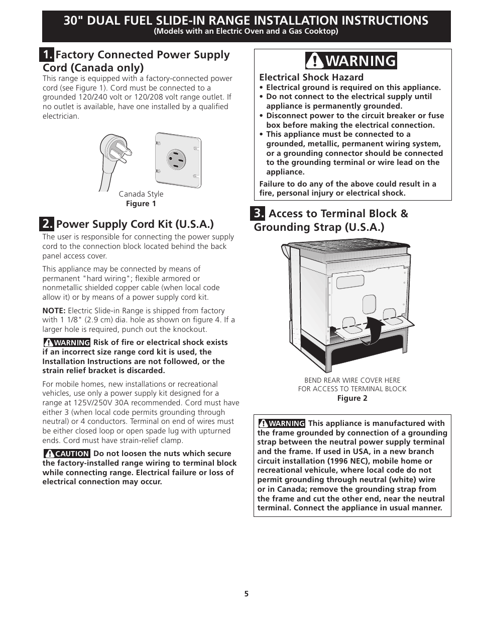 Power supply cord kit (u.s.a.), Factory connected power supply cord (canada only) | FRIGIDAIRE 318201679 (0903) User Manual | Page 5 / 40