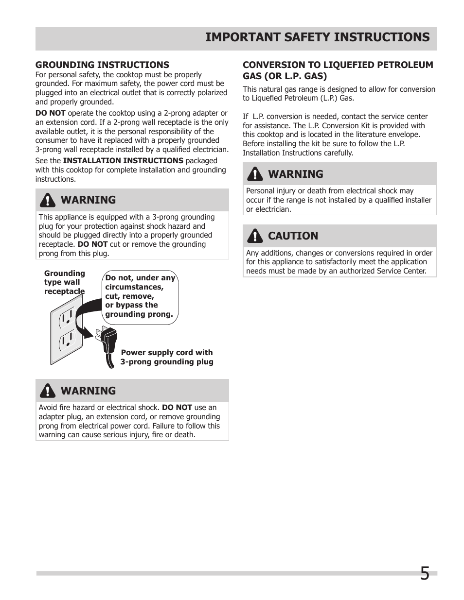 Important safety instructions, Warning, Caution | FRIGIDAIRE 318203657E User Manual | Page 5 / 10