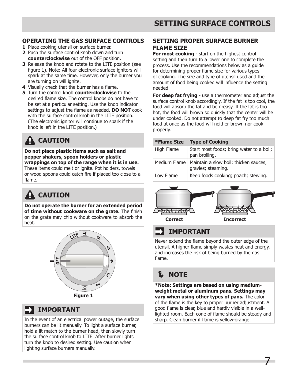 Setting surface controls, Important, Caution | FRIGIDAIRE 318203657E User Manual | Page 7 / 10