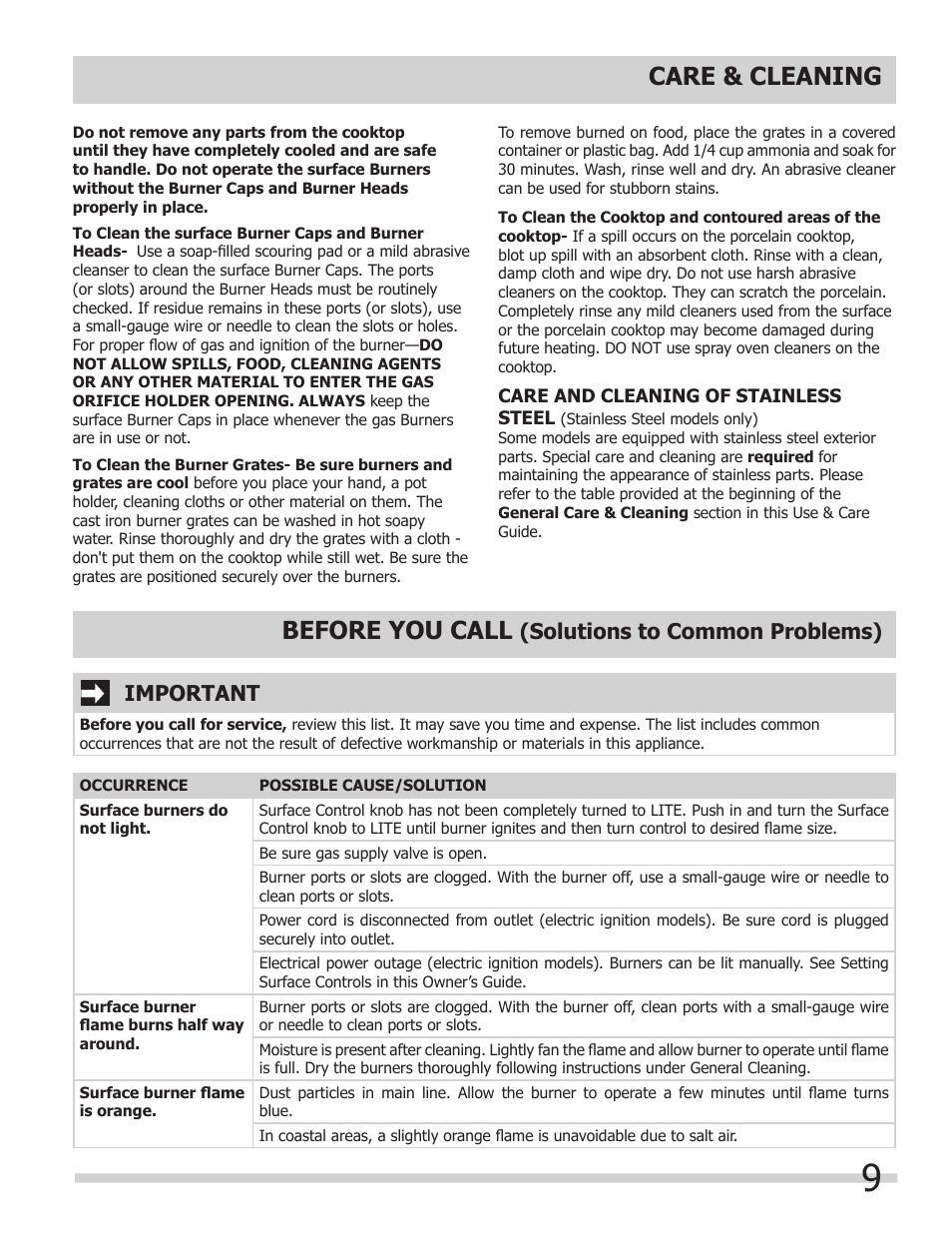 Care & cleaning, Before you call, Solutions to common problems) important | FRIGIDAIRE 318203657E User Manual | Page 9 / 10