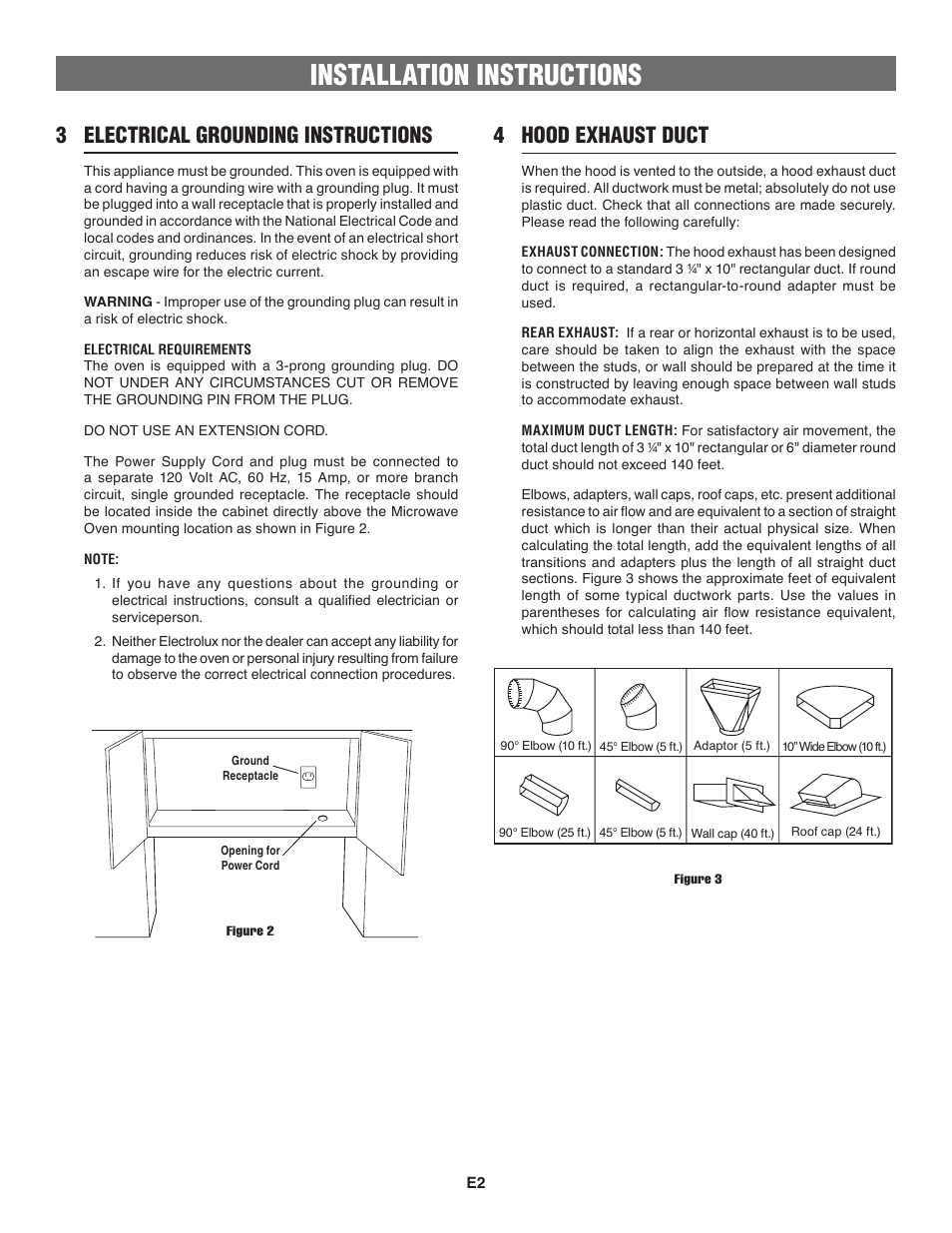 Installation instructions, 3 electrical grounding instructions, 4 hood exhaust duct | FRIGIDAIRE 316137234 User Manual | Page 2 / 8