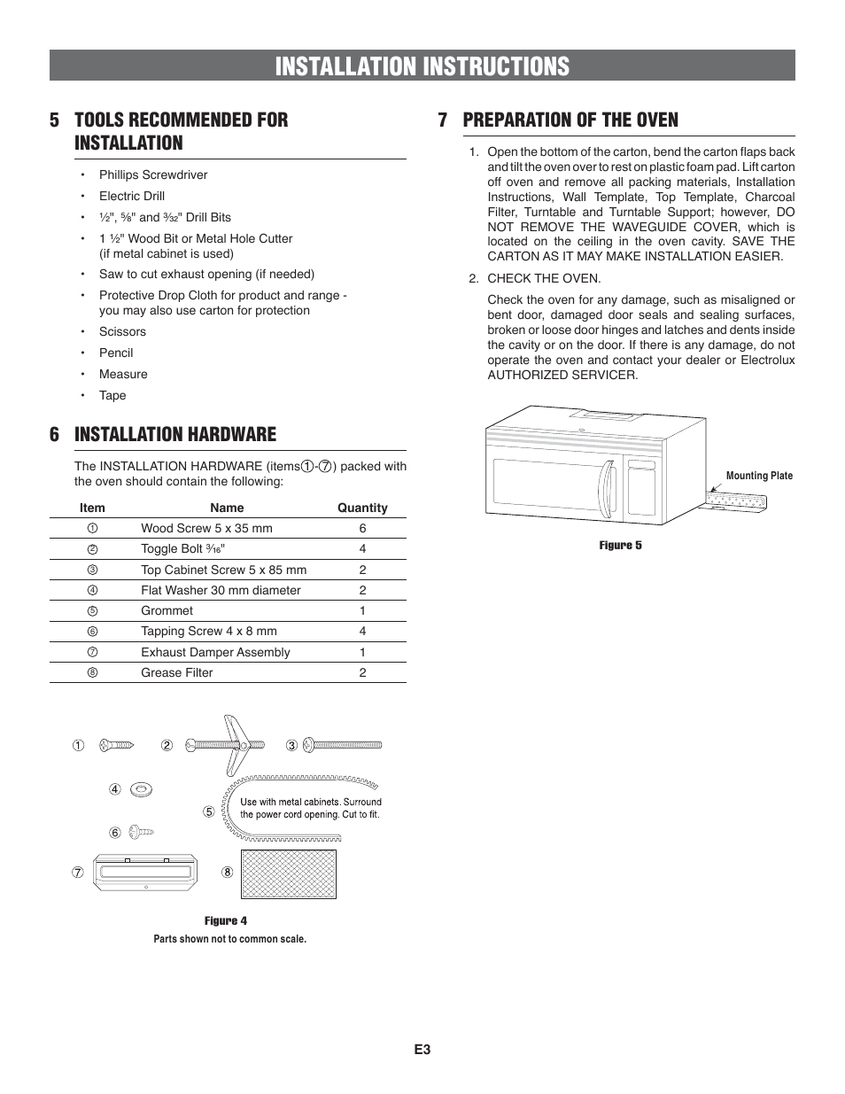 Installation instructions, 5 tools recommended for installation, 6 installation hardware | 7 preparation of the oven | FRIGIDAIRE 316137234 User Manual | Page 3 / 8