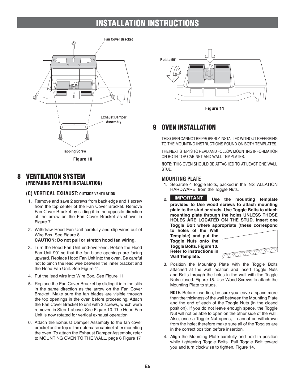 Installation instructions, 8 ventilation system, 9 oven installation | FRIGIDAIRE 316137234 User Manual | Page 5 / 8