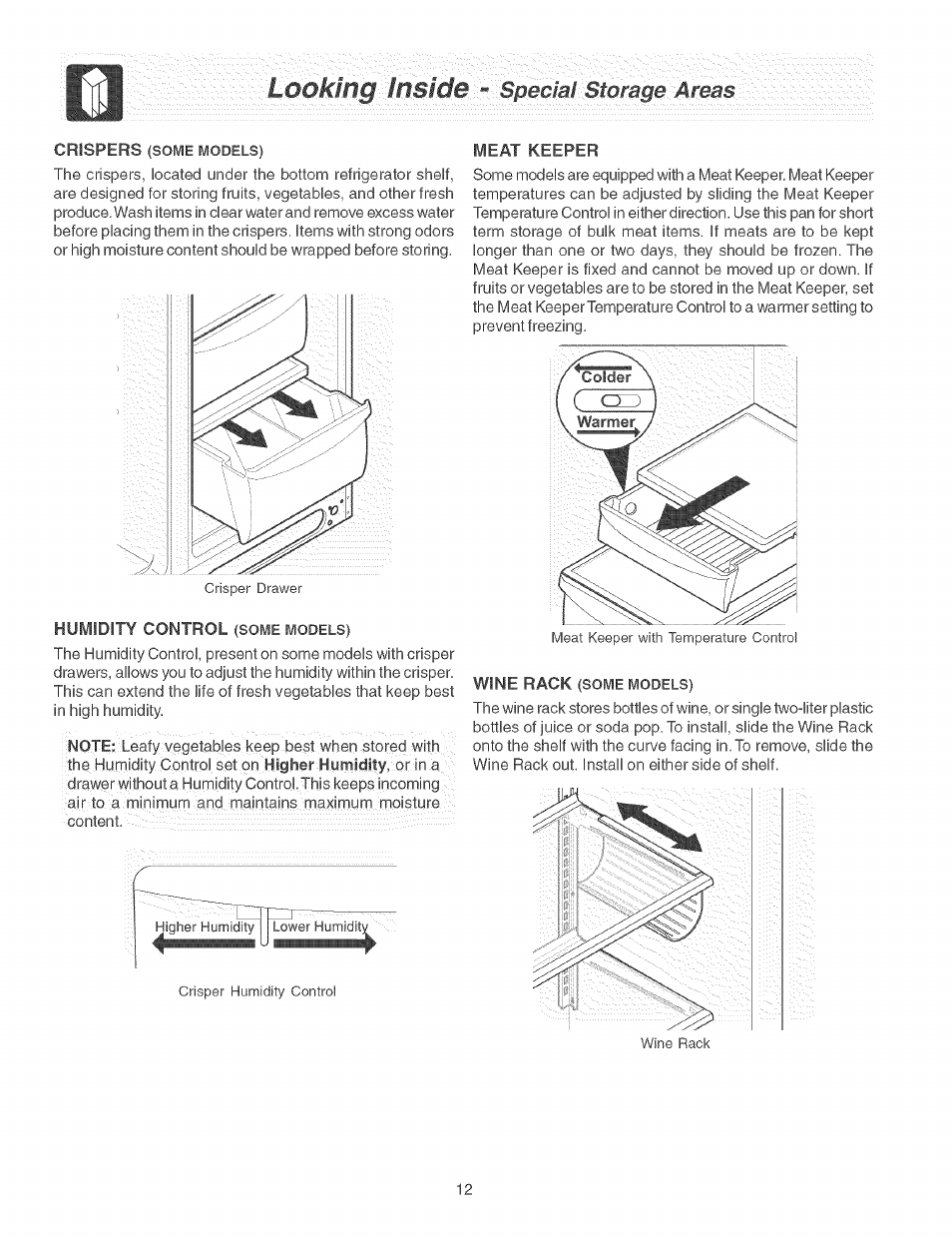 Meat keeper, Looking, ■inside. -■■.’-■,■■speciaistorage:areas | FRIGIDAIRE Refrigerator User Manual | Page 12 / 26