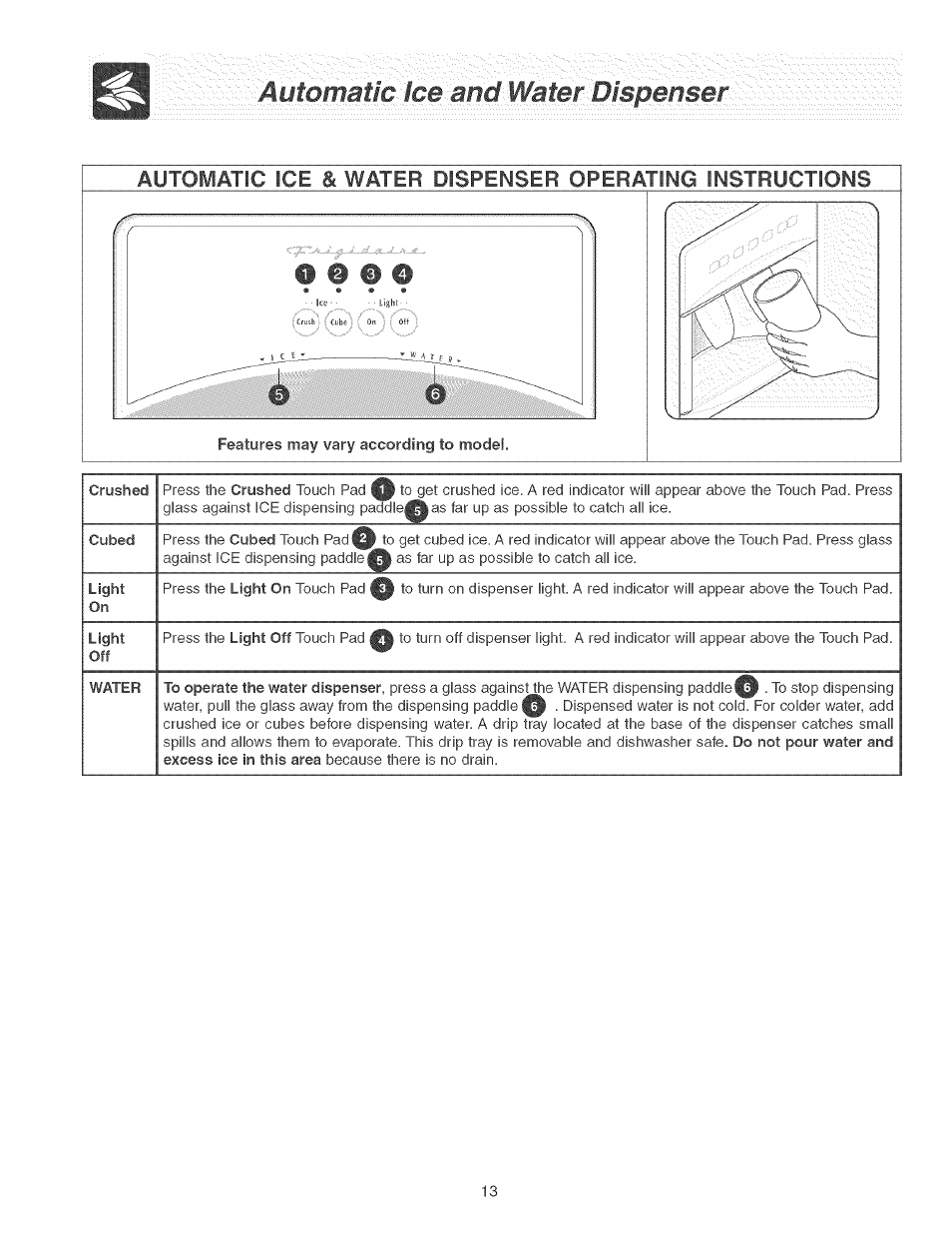 Automatlcme and'water<dispemer | FRIGIDAIRE Refrigerator User Manual | Page 13 / 26