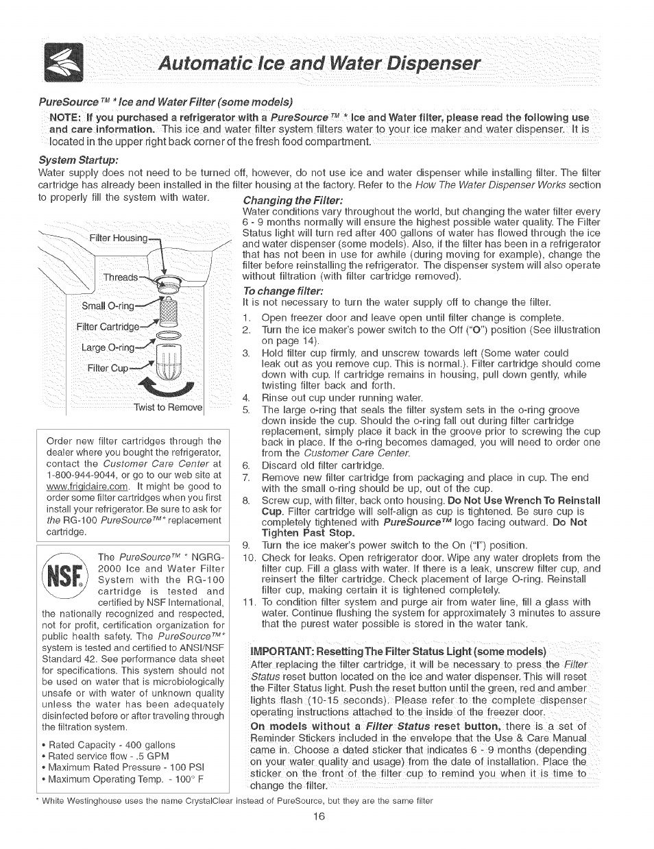 Aiid-:wafer:.0|speiiser, Mutomatìc lœ | FRIGIDAIRE Refrigerator User Manual | Page 16 / 26