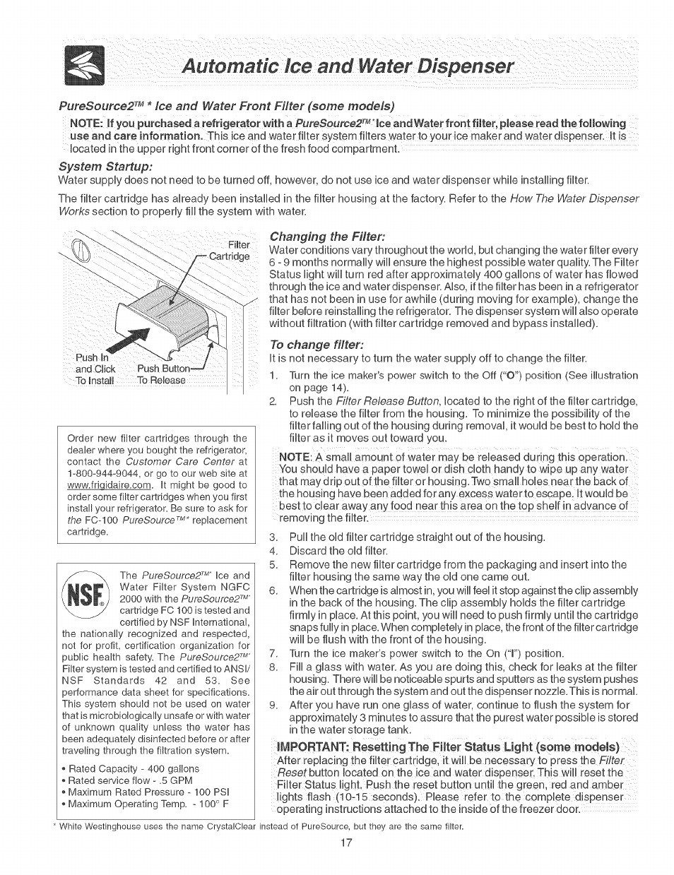 4tiioinaflc":ice and, Water.wspenset | FRIGIDAIRE Refrigerator User Manual | Page 17 / 26