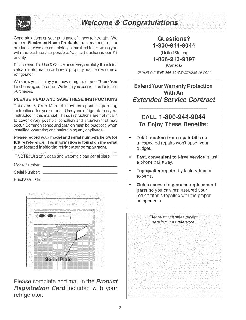 Congmtulmions, Extended service contract, Extendyourwarranty protection with an | FRIGIDAIRE Refrigerator User Manual | Page 2 / 26