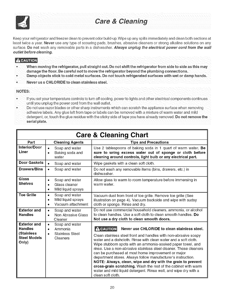 Care ■& cleaning, Care & cleaning chart | FRIGIDAIRE Refrigerator User Manual | Page 20 / 26