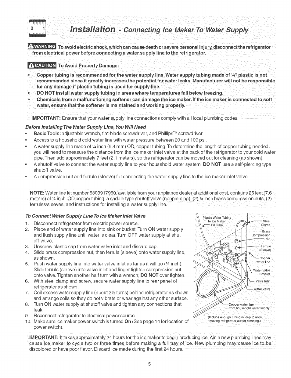 Installation, Connecting ice maker to'water supply | FRIGIDAIRE Refrigerator User Manual | Page 5 / 26