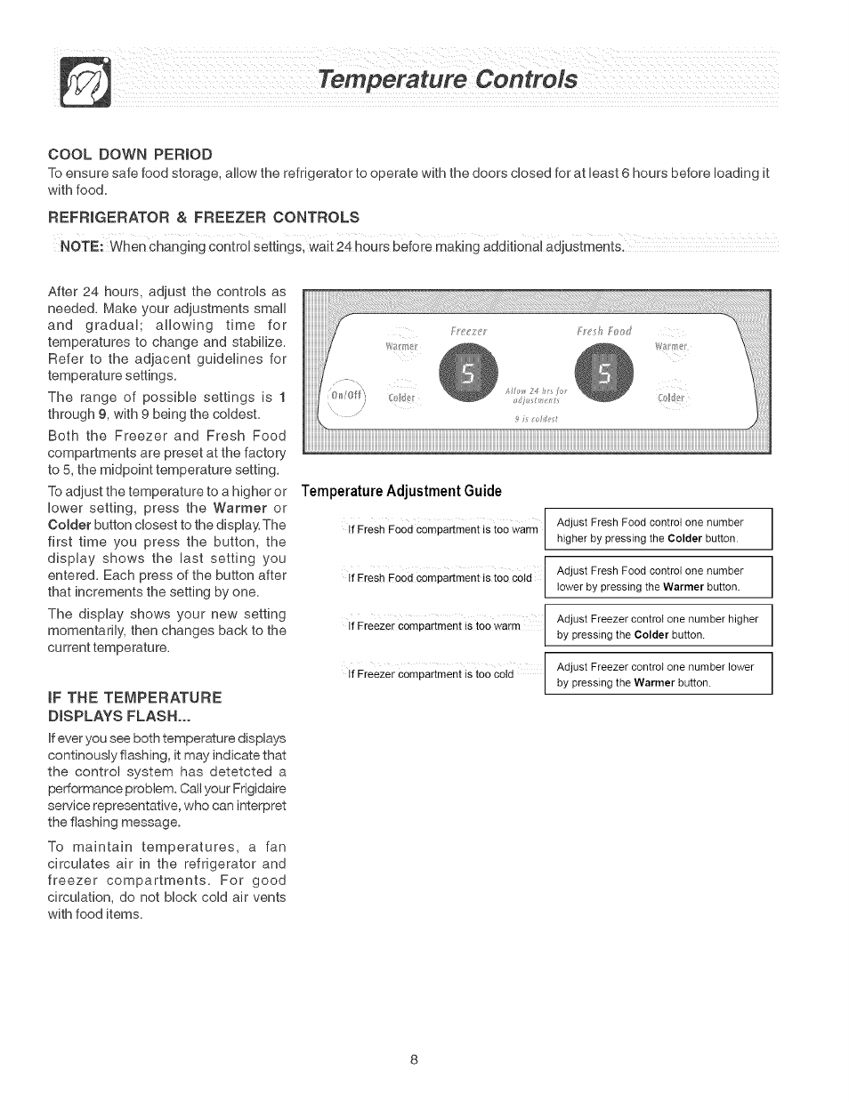 Temperature. ''contm'is, Temperature adjustment guide | FRIGIDAIRE Refrigerator User Manual | Page 8 / 26