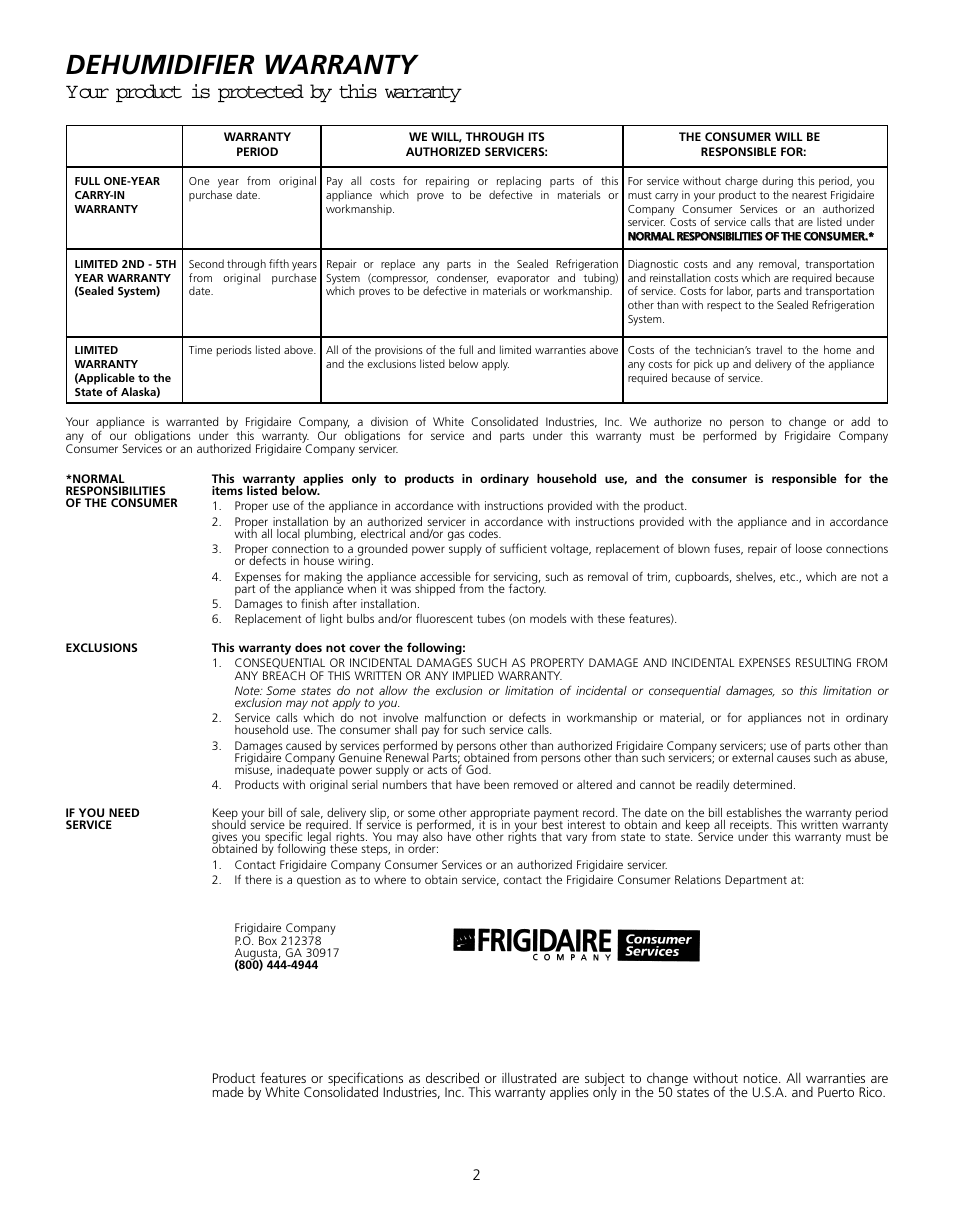 Dehumidifier warranty, Your product is protected by this warranty | FRIGIDAIRE 327000009 User Manual | Page 2 / 8