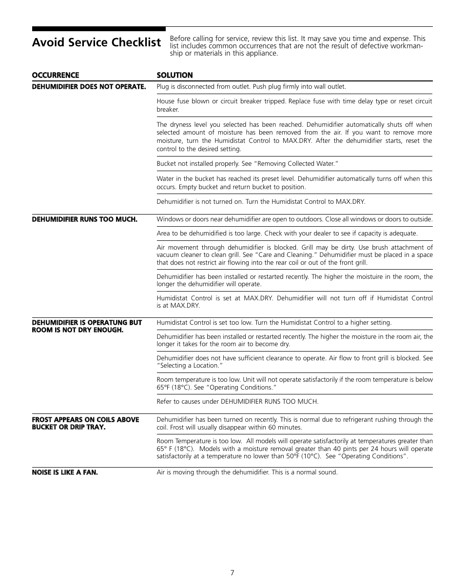 Avoid service checklist | FRIGIDAIRE 327000009 User Manual | Page 7 / 8