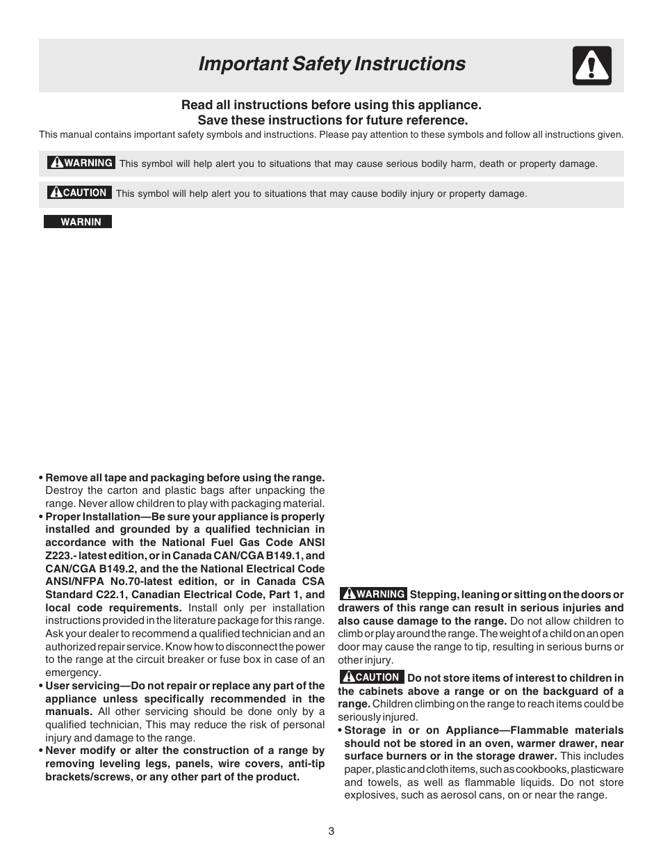 Important safety instructions | FRIGIDAIRE 316417114 User Manual | Page 3 / 16