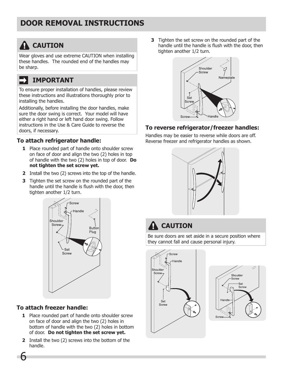 Door removal instructions, Important, Caution | FRIGIDAIRE 242008000 User Manual | Page 6 / 12