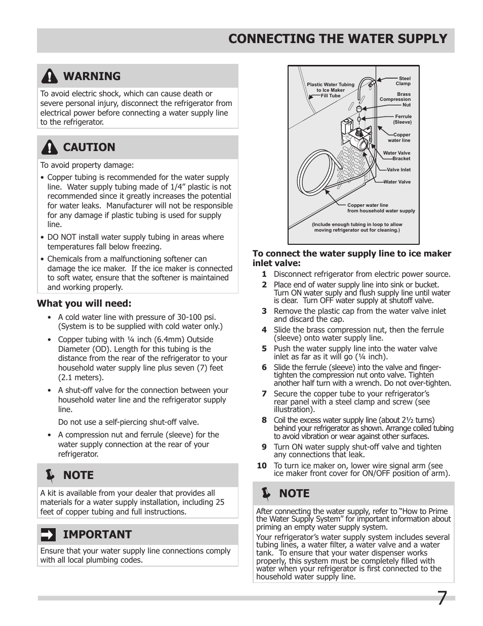 Connecting the water supply, Caution, Warning | Important | FRIGIDAIRE 242008000 User Manual | Page 7 / 12