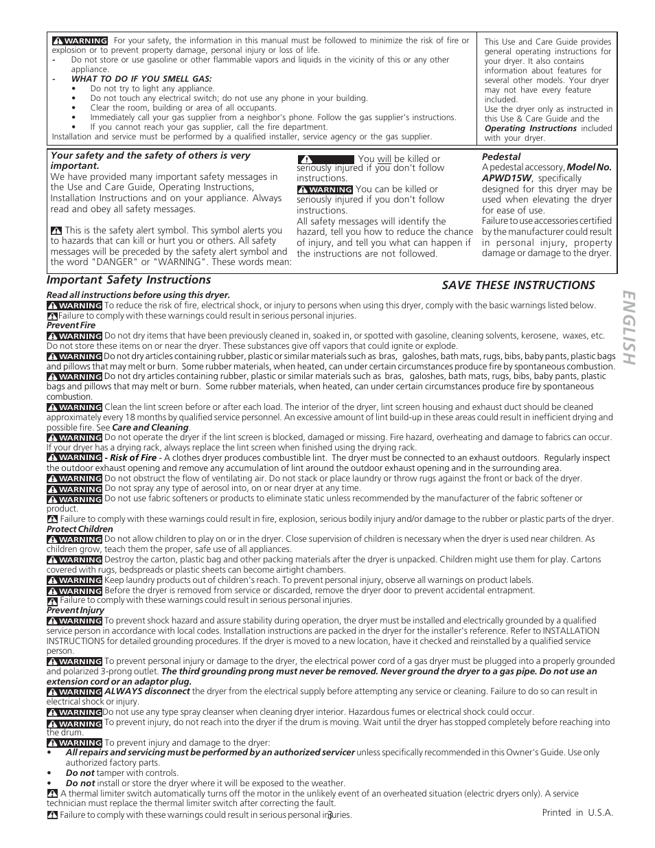 English, Important safety instructions, Save these instructions | FRIGIDAIRE 134609100B User Manual | Page 3 / 6