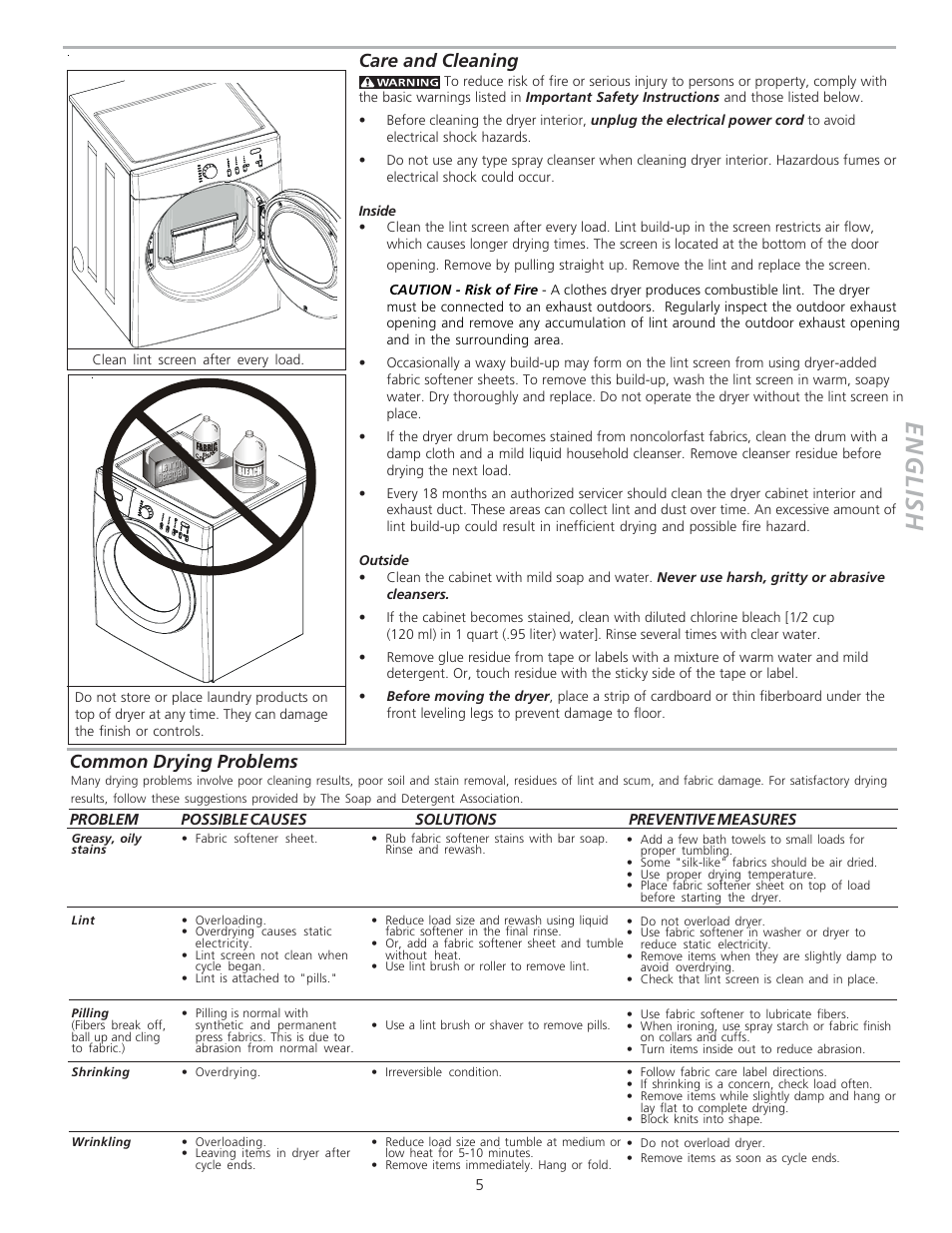 English, Care and cleaning, Common drying problems | FRIGIDAIRE 134609100B User Manual | Page 5 / 6