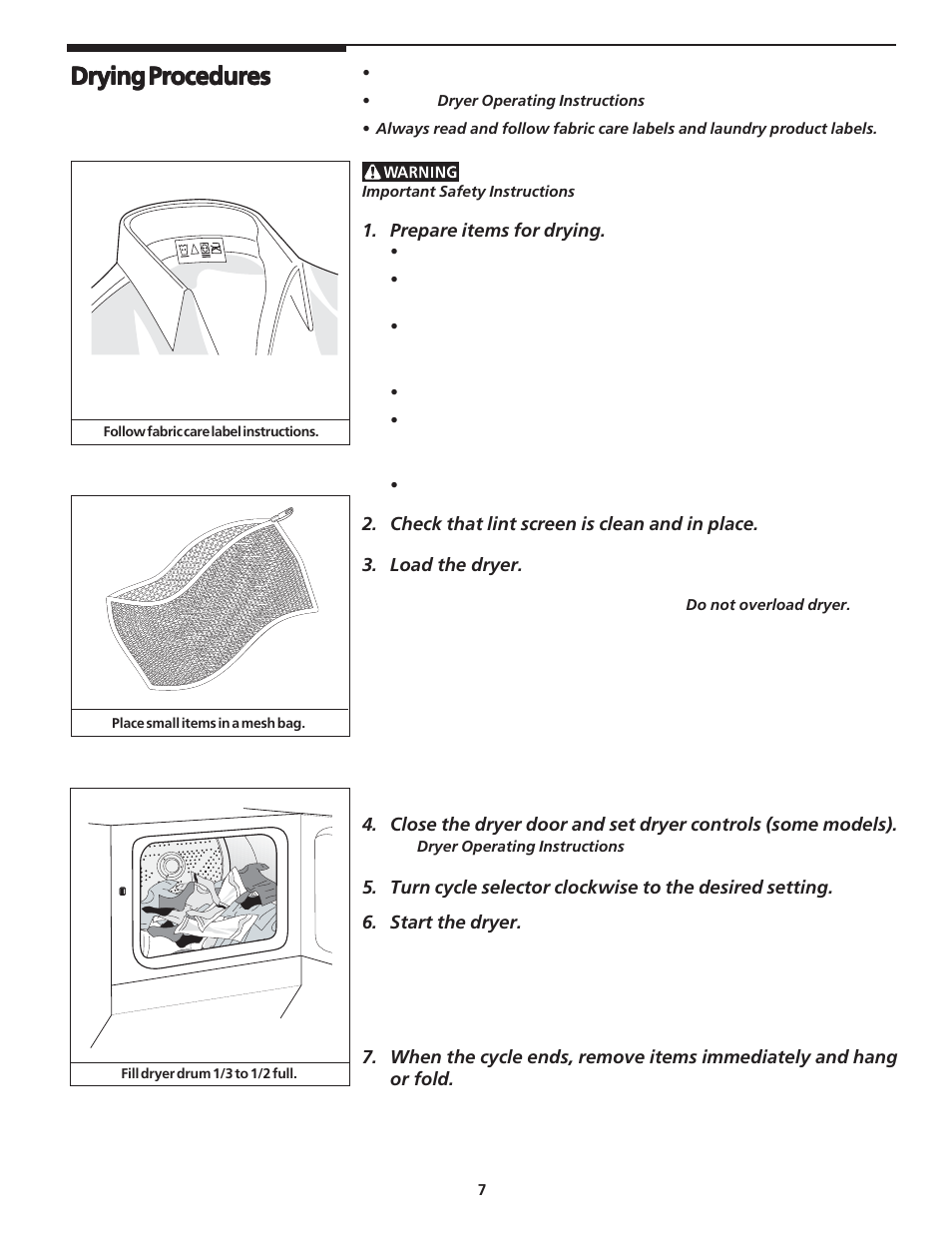 Drying procedures | FRIGIDAIRE Laundry Center User Manual | Page 7 / 13