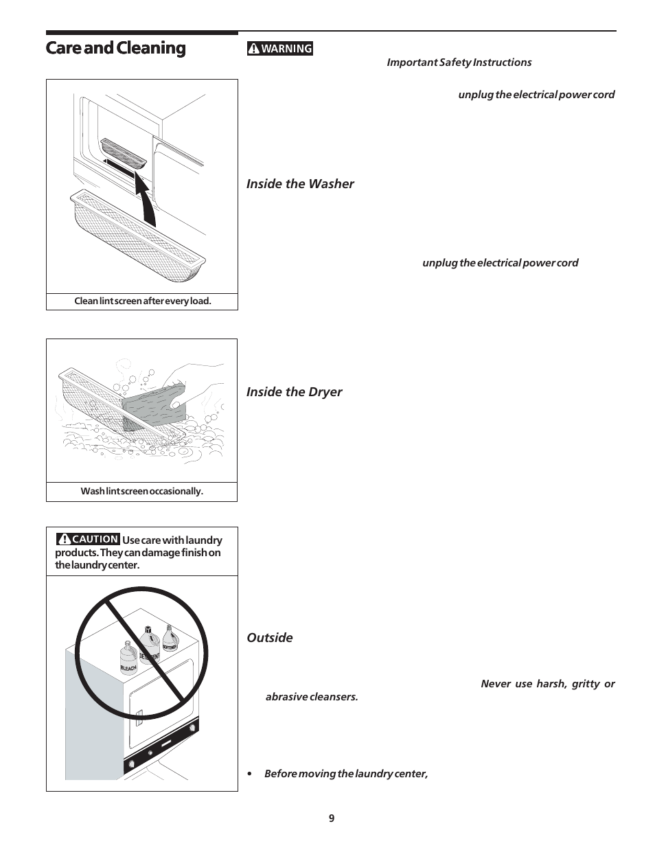 Care and cleaning | FRIGIDAIRE Laundry Center User Manual | Page 9 / 13