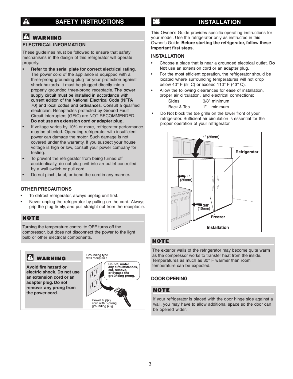 Safety instructions, Installation | FRIGIDAIRE Single-Door Refrigerator User Manual | Page 3 / 10