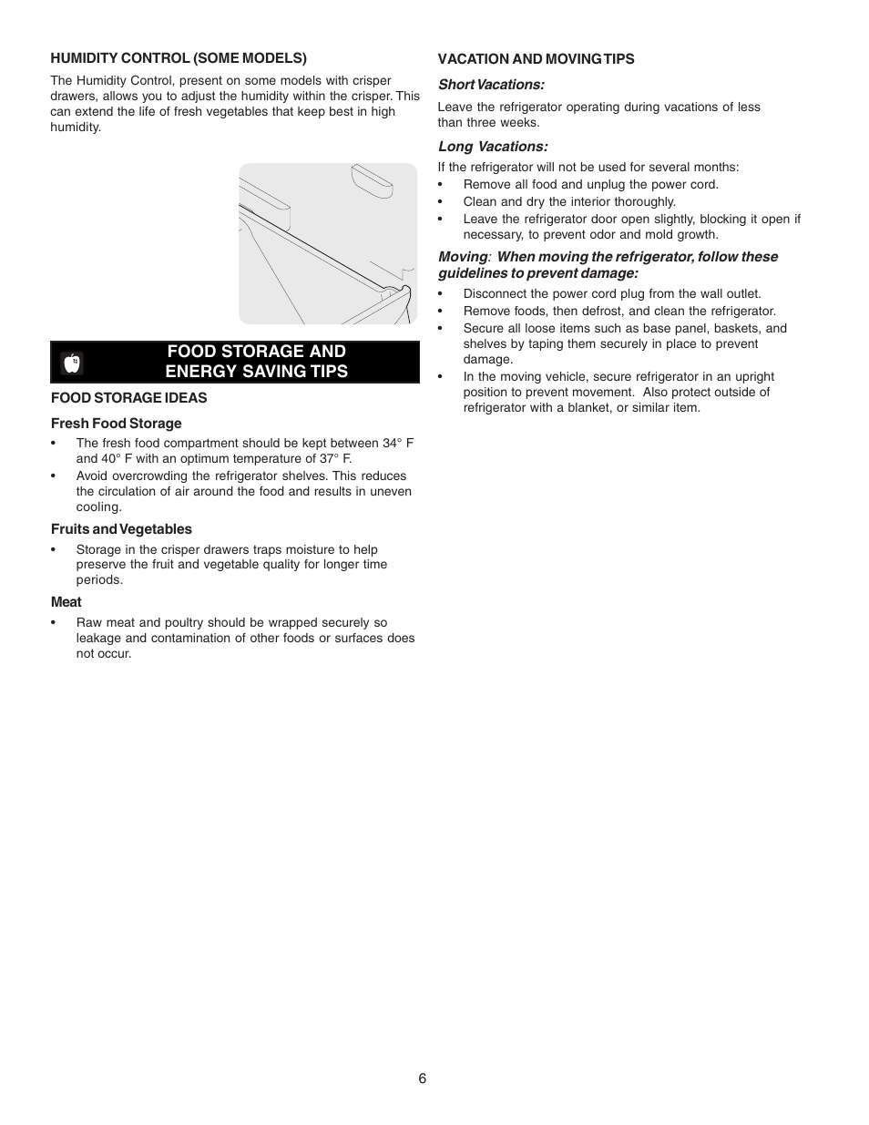 Food storage and energy saving tips | FRIGIDAIRE Single-Door Refrigerator User Manual | Page 6 / 10