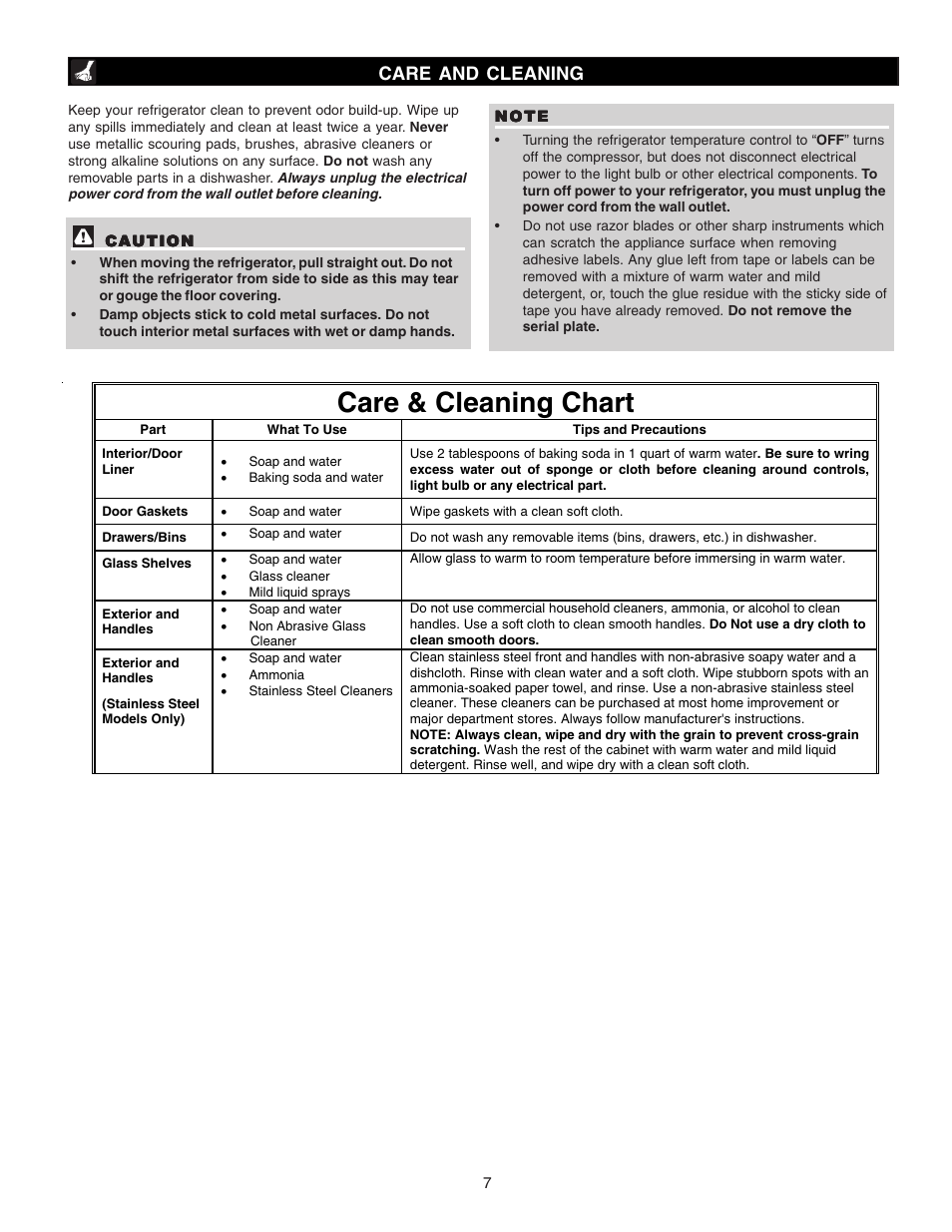 Care & cleaning chart, Care and cleaning | FRIGIDAIRE Single-Door Refrigerator User Manual | Page 7 / 10