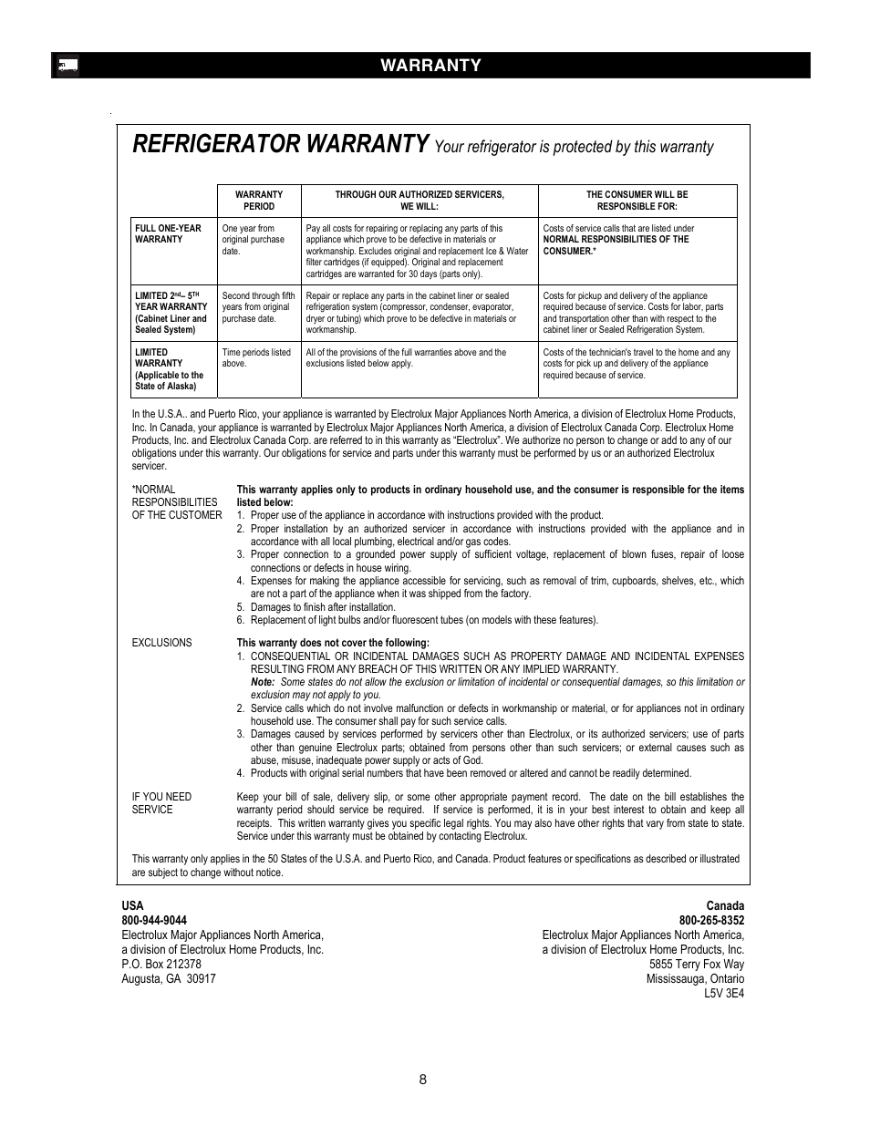 Refrigerator warranty, Warranty, Your refrigerator is protected by this warranty | FRIGIDAIRE Single-Door Refrigerator User Manual | Page 8 / 10