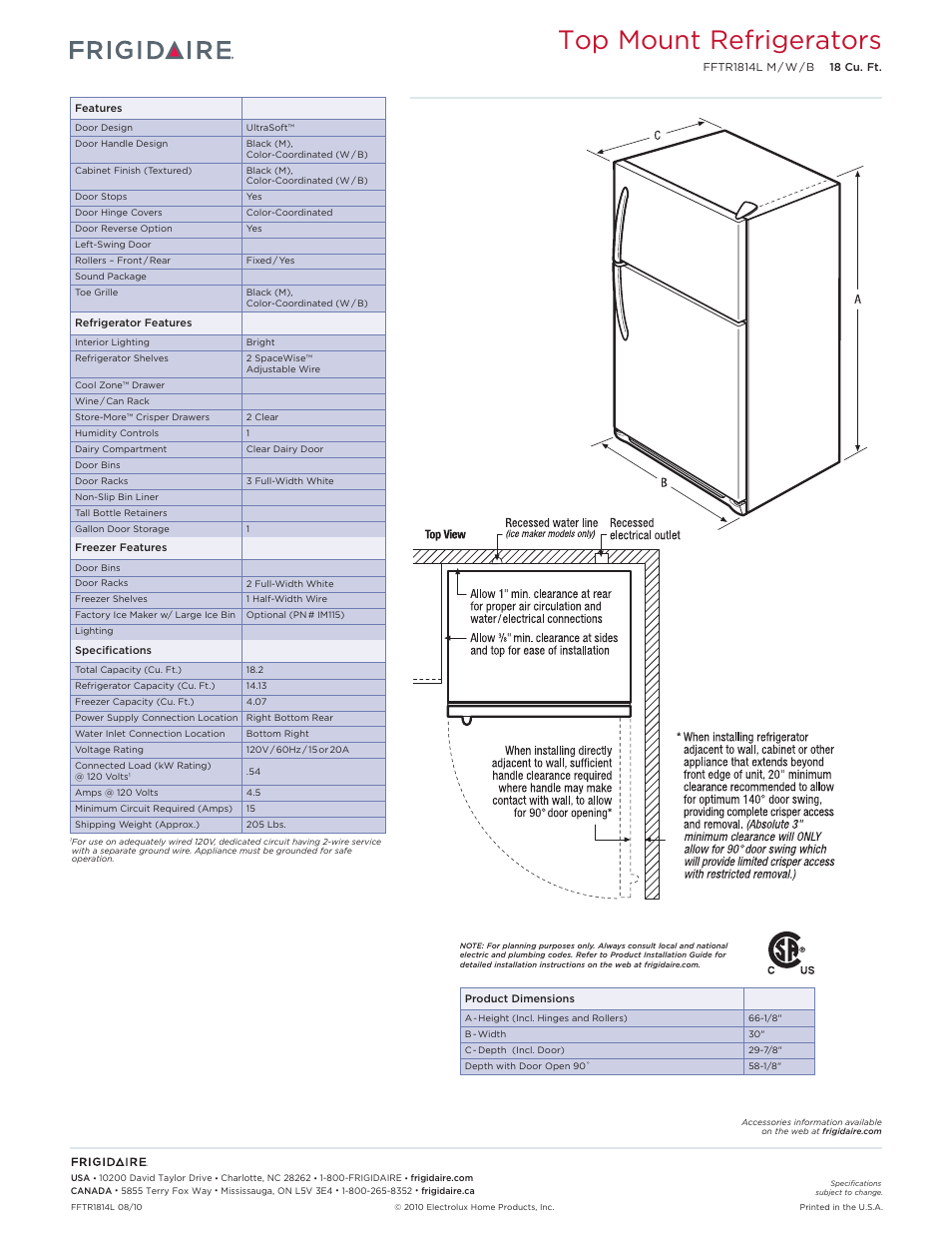 Top mount refrigerators frigidaire baseline, Top mount refrigerators | FRIGIDAIRE FFTR1814B User Manual | Page 2 / 2