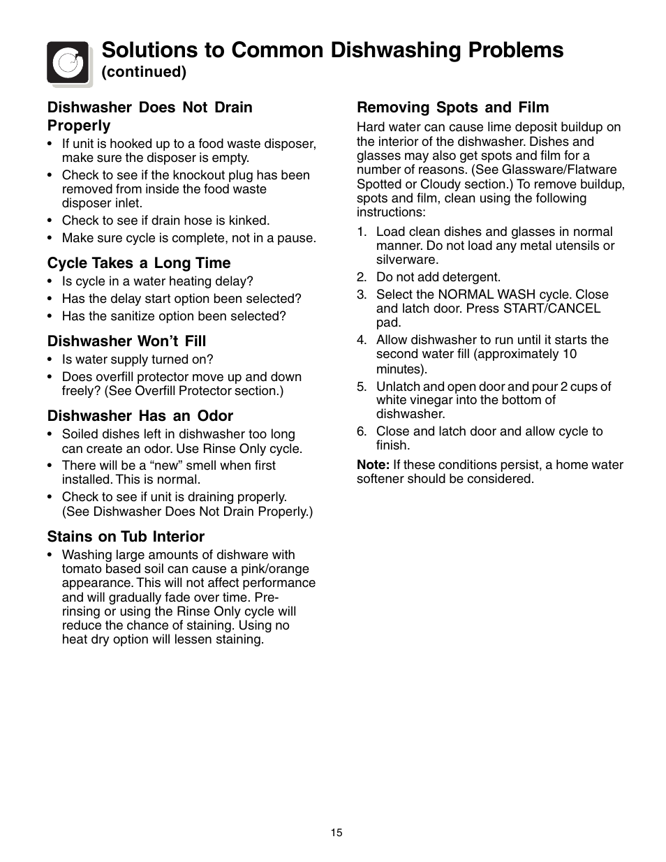 Solutions to common dishwashing problems | FRIGIDAIRE 1200 Series User Manual | Page 15 / 16