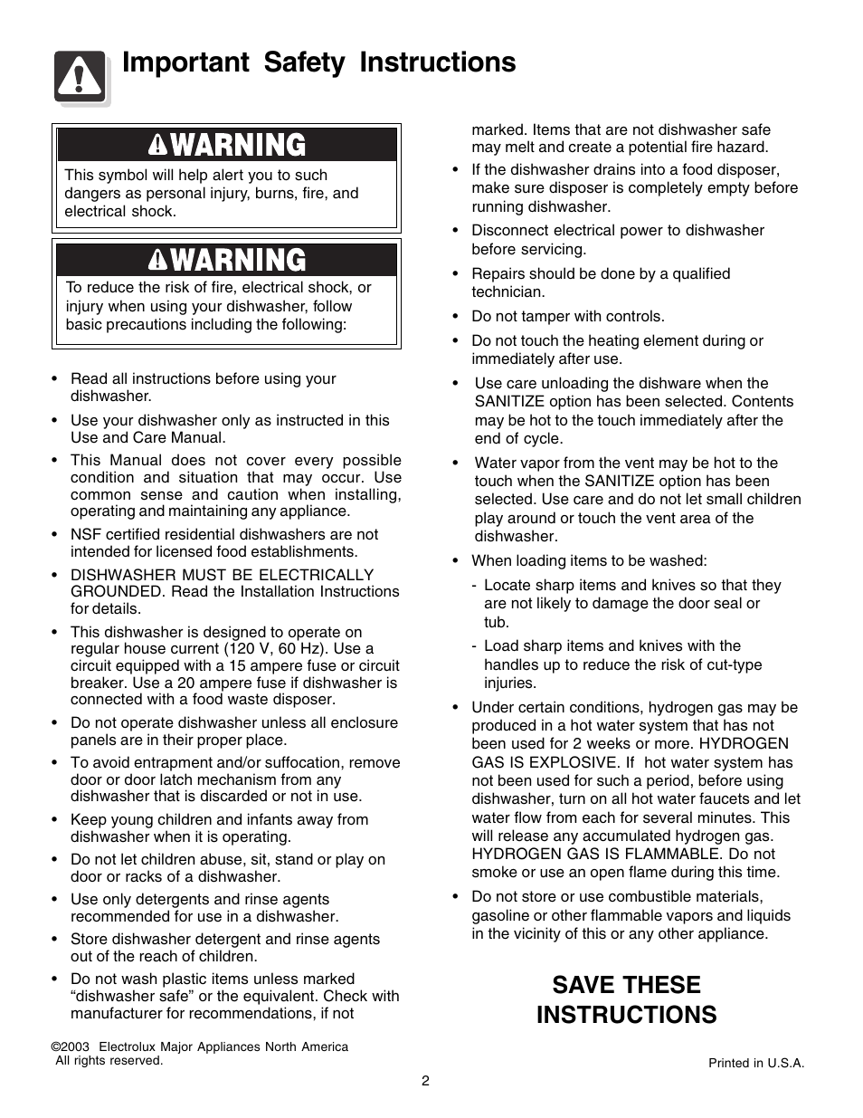 Important safety instructions, Save these instructions | FRIGIDAIRE 1200 Series User Manual | Page 2 / 16