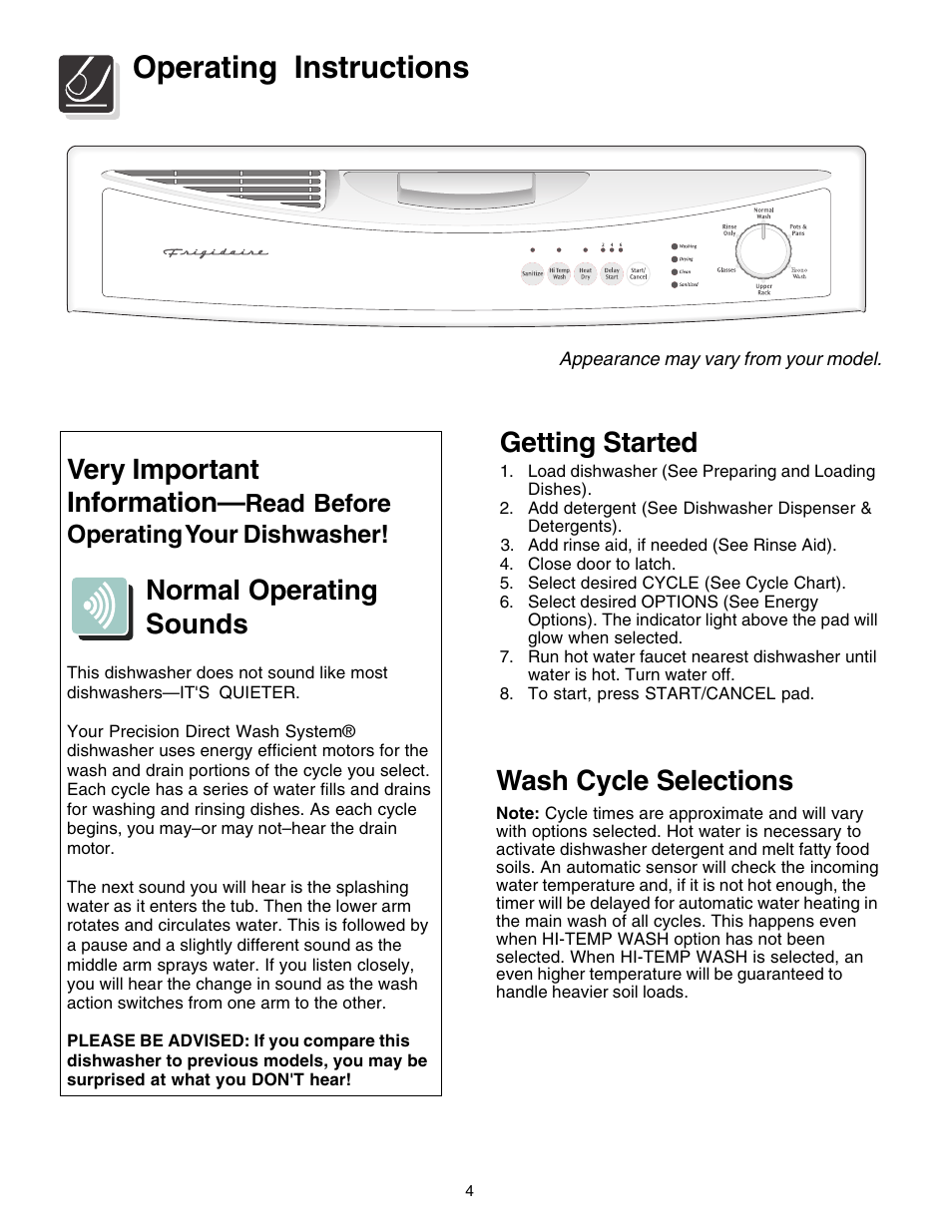 Operating instructions, Wash cycle selections, Getting started | Very important information, Normal operating sounds, Read before operating your dishwasher | FRIGIDAIRE 1200 Series User Manual | Page 4 / 16