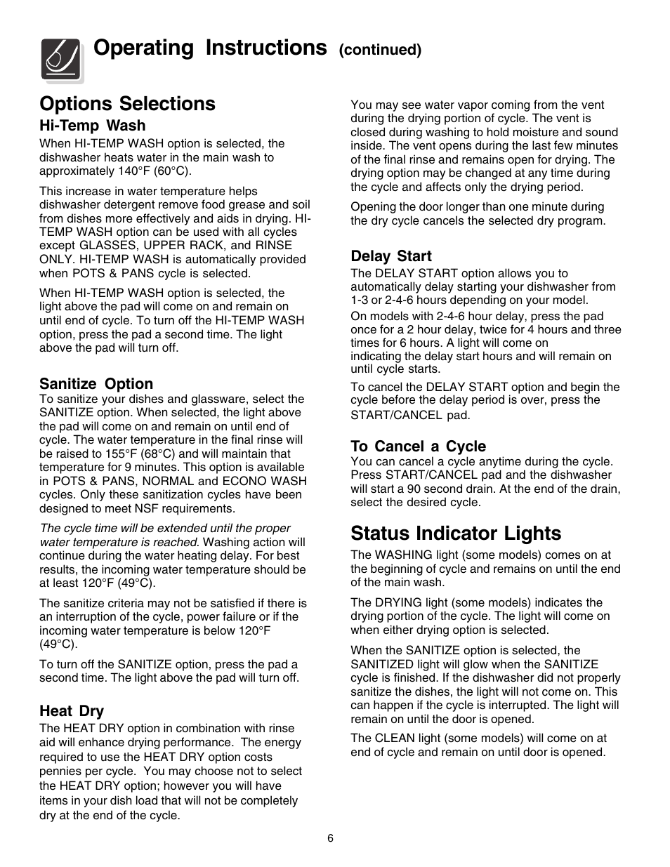 Operating instructions, Status indicator lights, Options selections | FRIGIDAIRE 1200 Series User Manual | Page 6 / 16