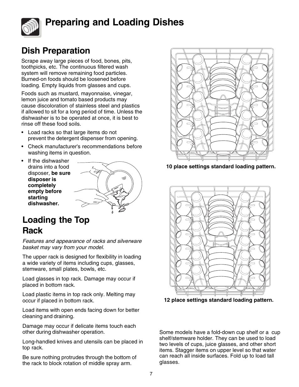 Preparing and loading dishes, Dish preparation, Loading the top rack | FRIGIDAIRE 1200 Series User Manual | Page 7 / 16