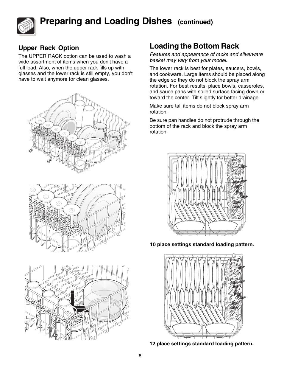 Preparing and loading dishes, Loading the bottom rack | FRIGIDAIRE 1200 Series User Manual | Page 8 / 16
