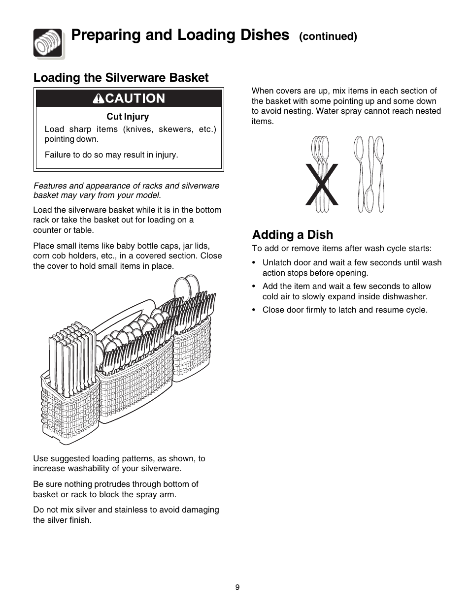 Preparing and loading dishes, Loading the silverware basket adding a dish | FRIGIDAIRE 1200 Series User Manual | Page 9 / 16