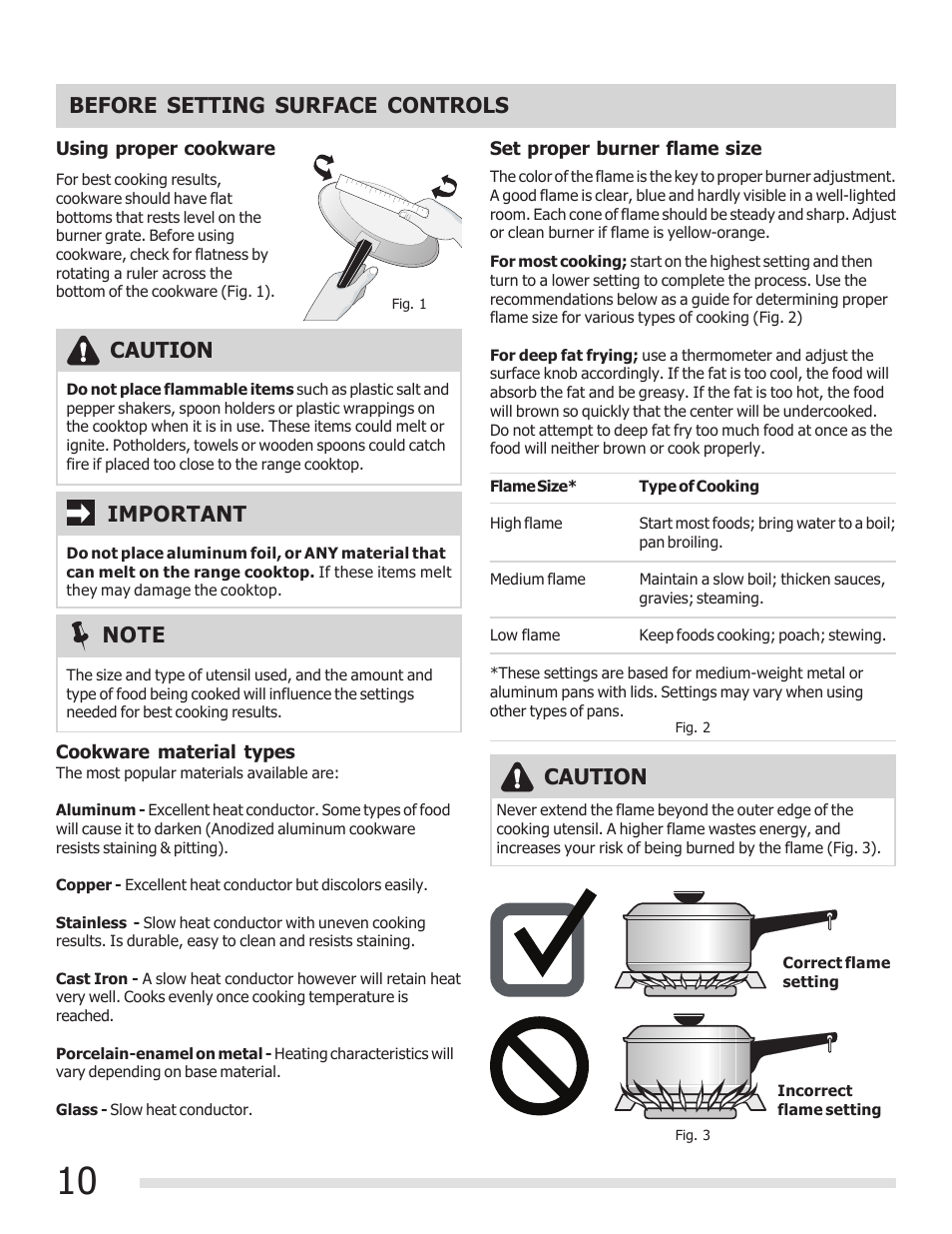 Before setting surface controls, Caution important | FRIGIDAIRE 316901202 User Manual | Page 10 / 36