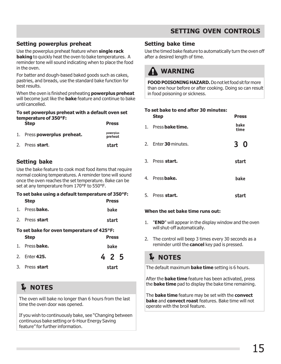 Setting oven controls, Warning | FRIGIDAIRE 316901202 User Manual | Page 15 / 36